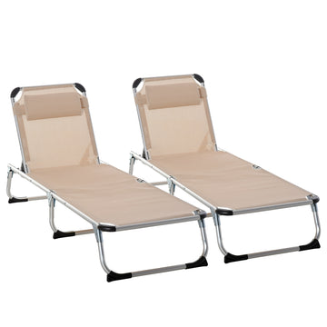 2 Pieces Foldable Outdoor Sun Lounger with Pillow, 5-Level Adjustable Reclining Lounge Chair, Aluminium Frame Camping Bed Cot, Khaki