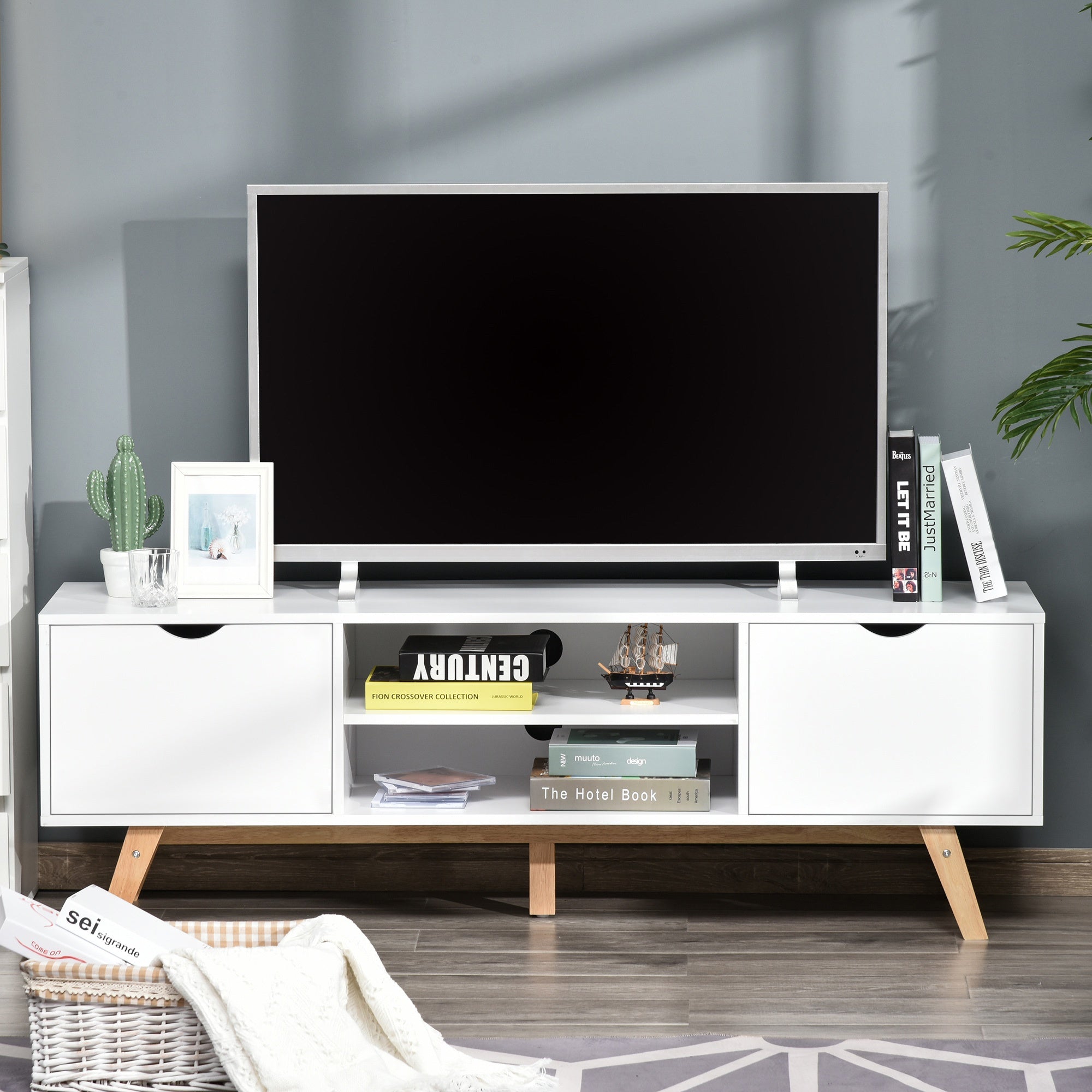 TV Stand Cabinet for TVs up to 65", Media Unit w/Wood Legs Storage Shelves Entertainment Center Modern Living Room Home Furniture White