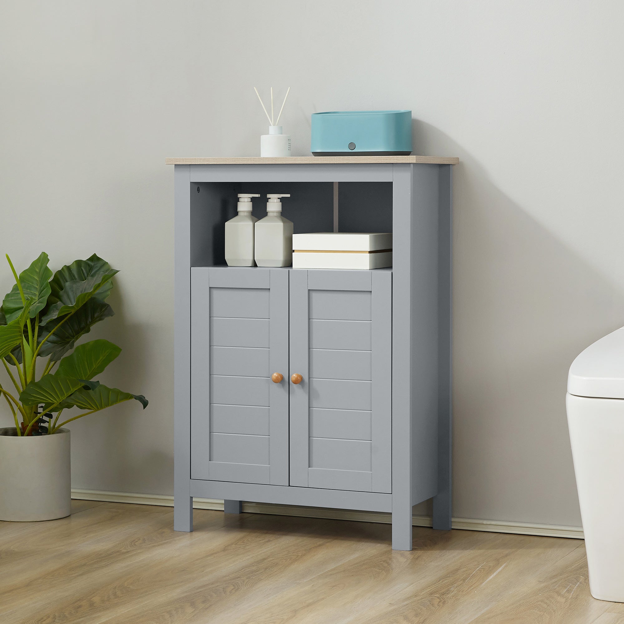 Bathroom Floor Cabinet, Free Standing Cupboard with Double Doors and Adjustable Shelf for Kitchen, Hallway, Living Room, Grey