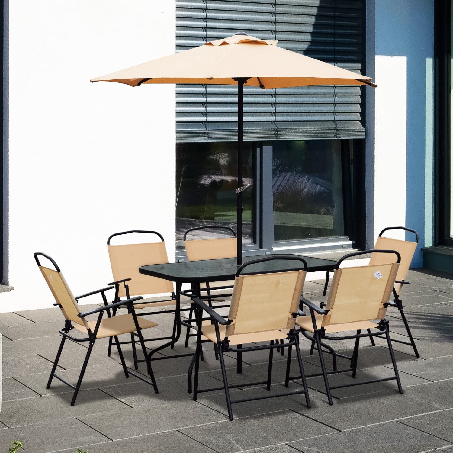 8 Pieces Dining Set Furniture Garden Foldable 6 Chairs 1 Table with Parasol Beige