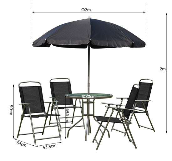 6 Piece Garden Dining Set with Umbrella, Patio Sets with Parasol with 4 Folding Dining Chairs & Round Tempered Glass Table, Black