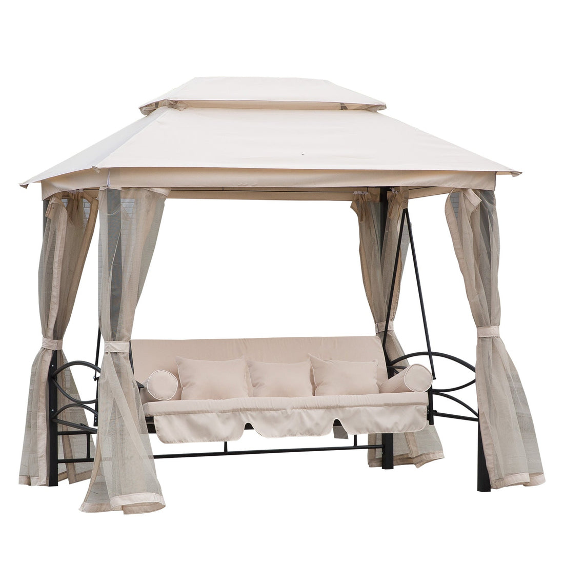 2-in-1 Convertible Gazebo Swing Chair Bed W/Netting, 245Lx165Wx243H cm-Beige/Black