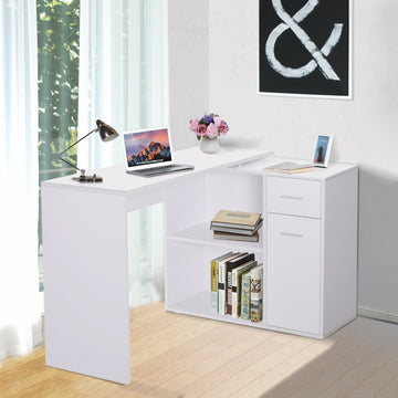 L-Shaped Desk, Corner Computer Desk, Adjustable Study Table with Storage Shelf, Drawer and Cabinet, Workstation for Home Office, White Wood Grain