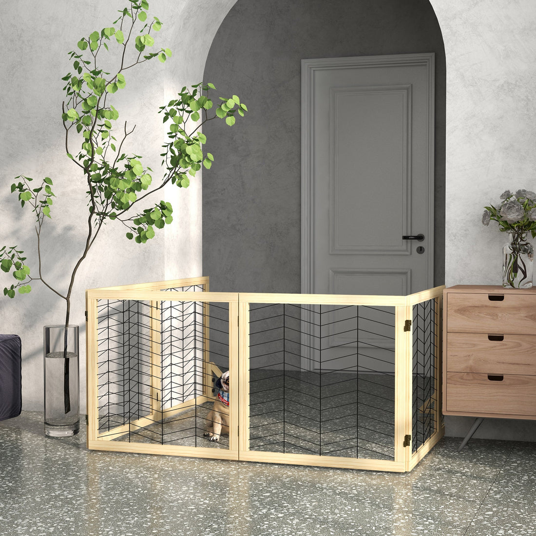 6 Panels Pet Gate, Wooden Foldable Dog Barrier w/ Two Support Feet, for Small, Medium Dogs - Natural Wood