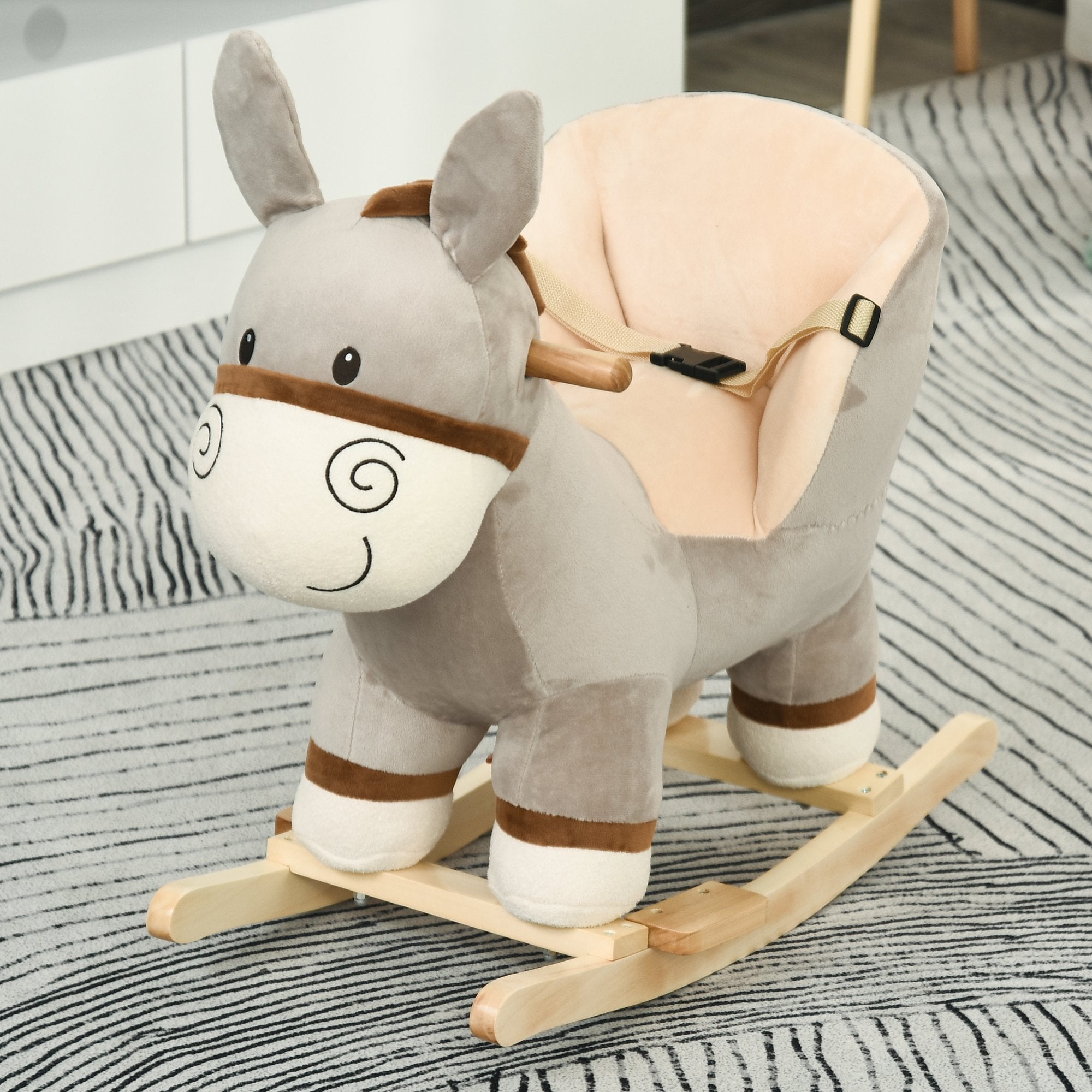 Kids Children Rocking Horse Plush Ride On Donkey Seat w/ Sound Wood Base Seat Safety Belt Toddler Baby Toy Rocker Grey 18 - 36 Months
