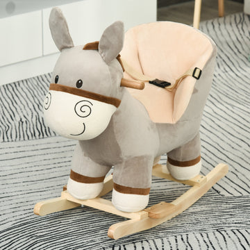 Kids Children Rocking Horse Plush Ride On Donkey Seat w/ Sound Wood Base Seat Safety Belt Toddler Baby Toy Rocker Grey 18 - 36 Months