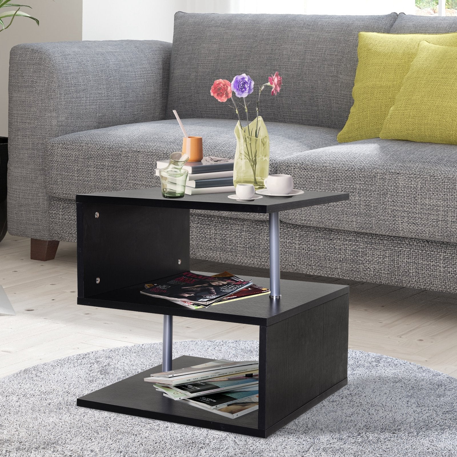 Wooden S Shape Cube Coffee Table 2 Tier Storage Shelves Organizer Office Bookcase Living Room End Desk Stand Display (Black)