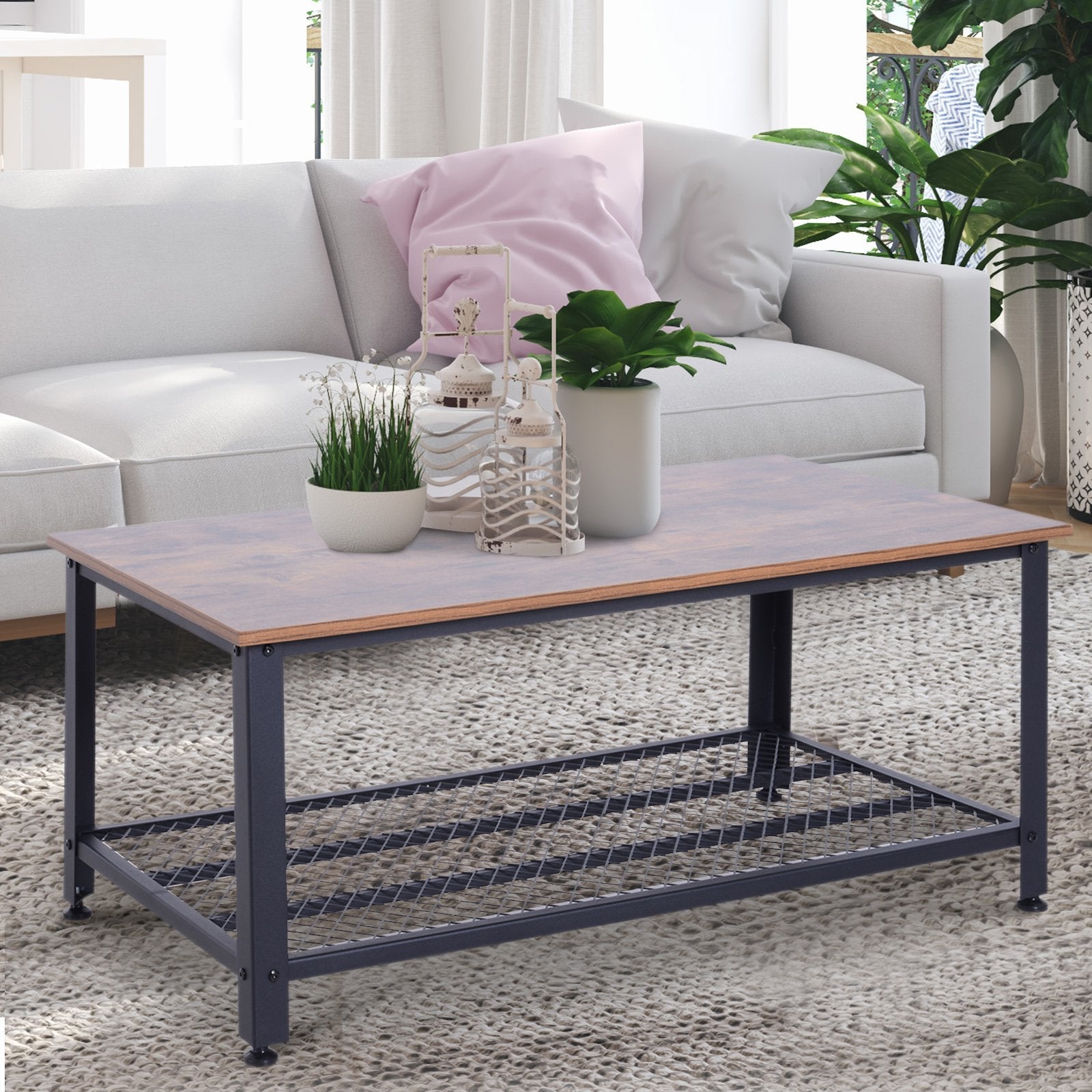 Coffee Table Industrial Side Table Living Room Table with Storage Shelf and Metal Frame for Home Office, 106L x 60W x 45Hcm