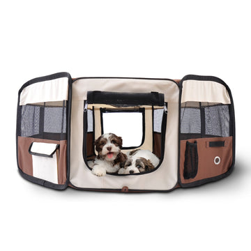 Portable Cat Dog Playpen Pet Puppy Rabbit Guinea Pig Pen Run Dia 90 x 41H cm Indoor & Outdoor Brown
