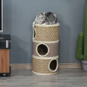 Cat Scratching Barrel Kitten Tree Tower for Indoor Cats Pet Furniture Climbing Frame Covered with Sisal and Seaweed Rope Cozy Platform Soft Plush