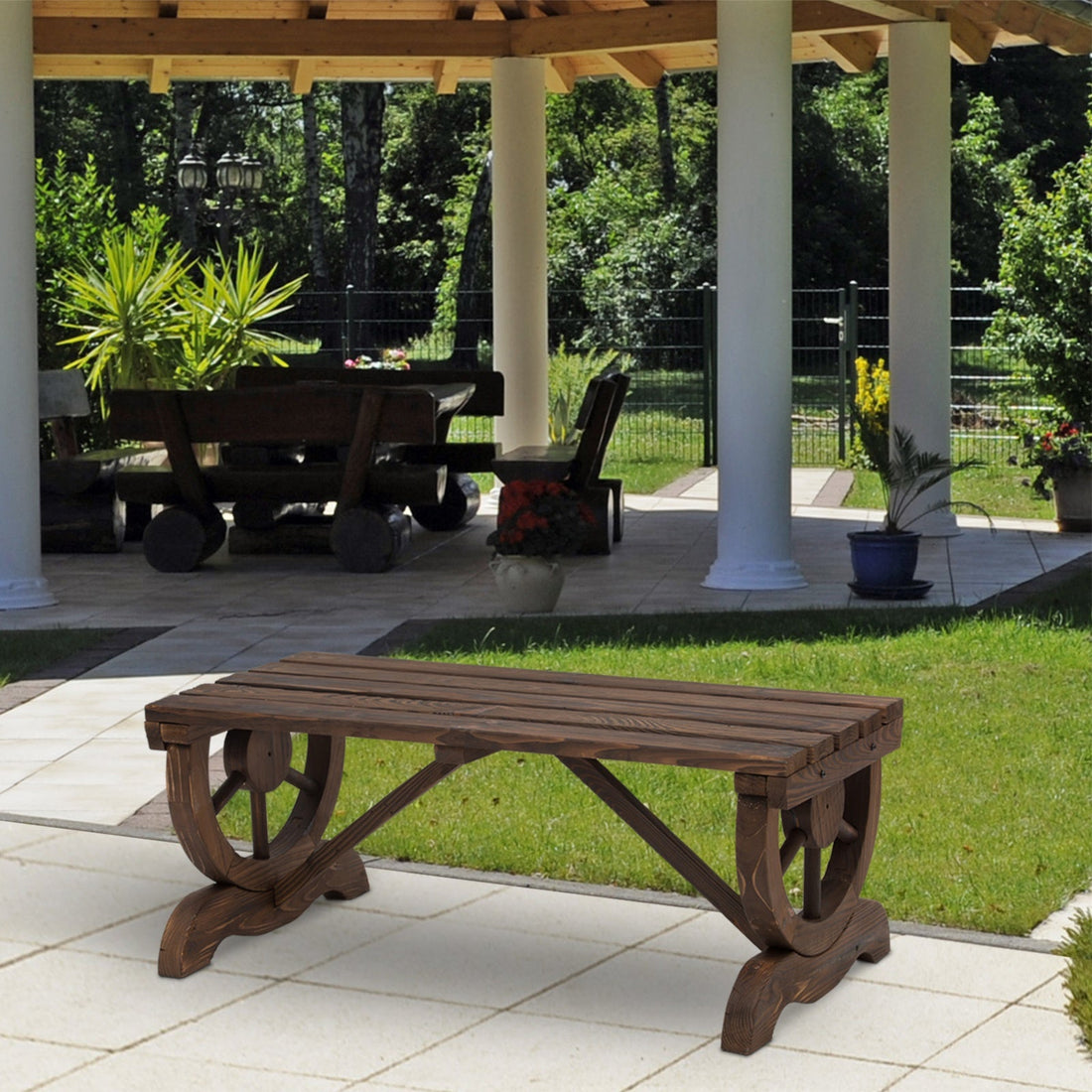 Garden Rustic Wooden Bench Wheel-Shaped Legs Slatted Seat Stable Reinforced Structure Outdoor Patio Garden 2-Person Bench Seat - Brown