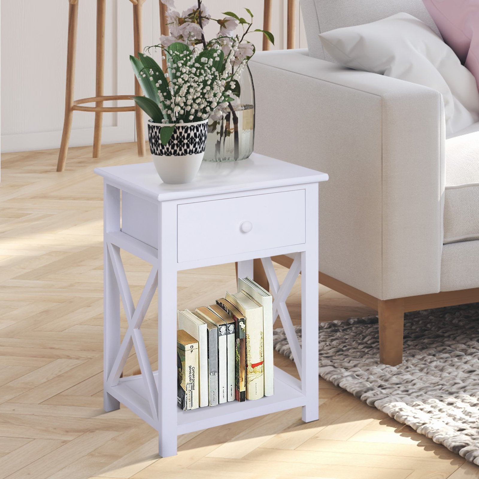 End Table, Sofa Side Table with Drawer X Bar Bottom Storage Shelf, Nightstand Bedside Table for Bedroom or Living Room White
