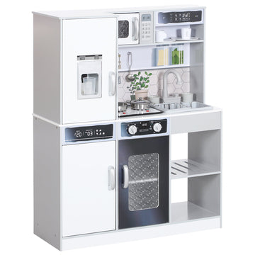 Pretend Play Toy Kitchen, Kids Kitchen Playset w/ Sounds, Lights, Running Water, Coffee Maker, Refrigerator