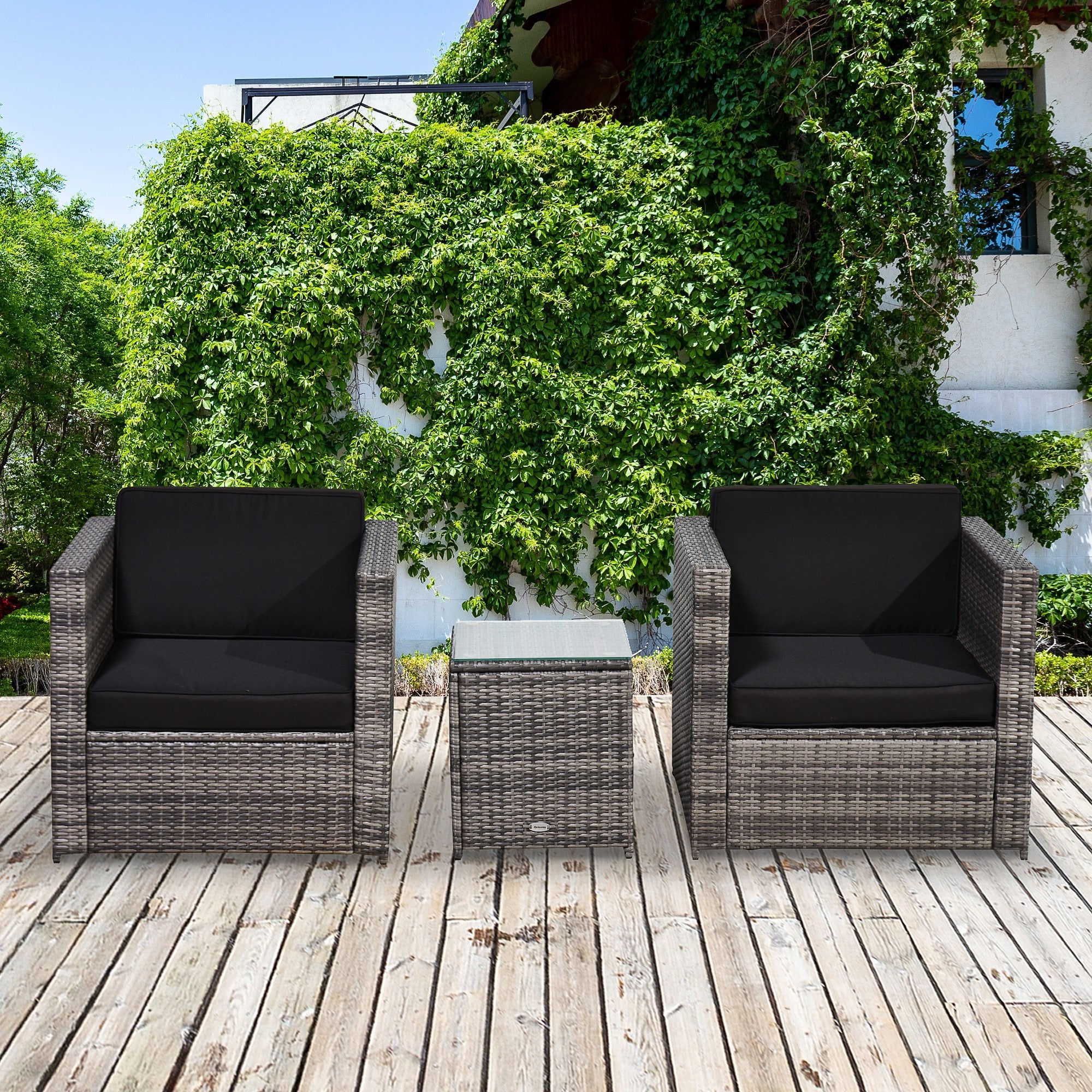 3 Pieces Rattan Bistro Set, Wicker Garden Furniture Set with Glass Top Coffee Table and Chairs, Thickened Washable Cushions for Outdoor, Patio, Balcony, Grey