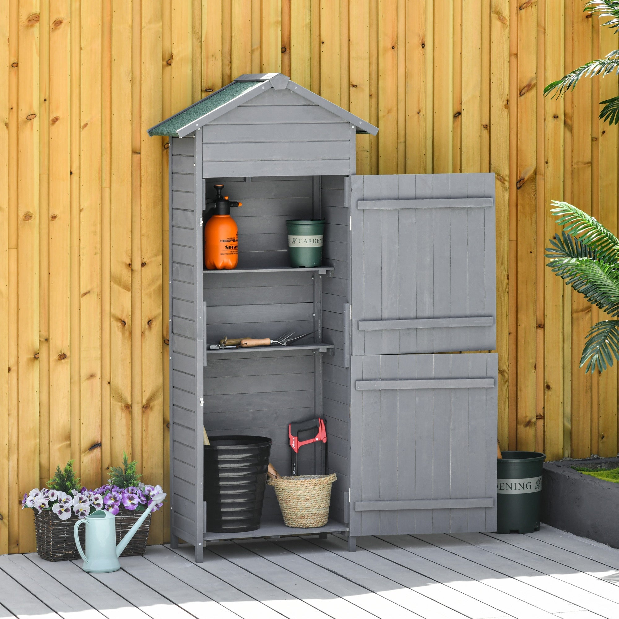 Wooden Garden Storage Shed Utility Gardener Cabinet w/ 3 Shelves, Tilted-felt Roof and Two Lockable Doors, 79cm x 49cm x 191.5cm, Dark Grey