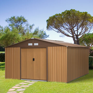 13 x 11ft Metal Garden Shed, Outdoor Storage Tool House with Ventilation Slots, Foundation Kit and Lockable Double Doors, Light Brown