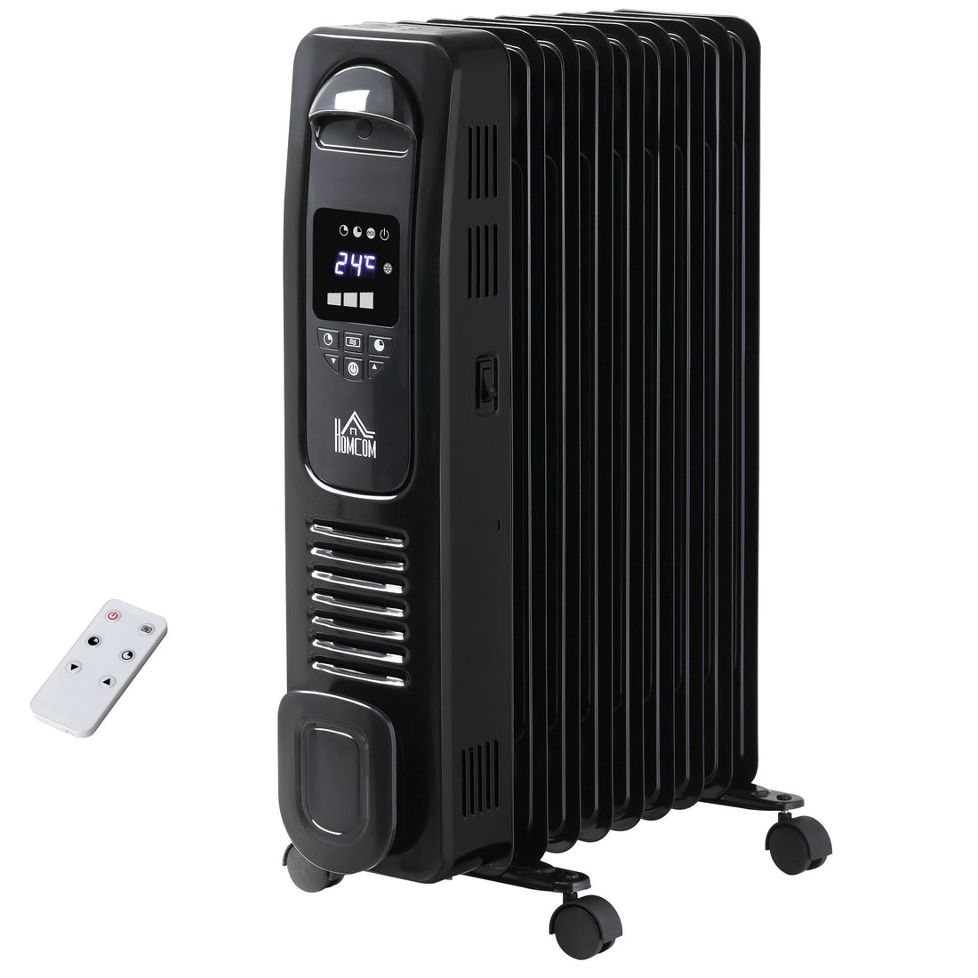 2000W Digital Oil Filled Radiator, 9 Fin, Portable Electric Heater with LED Display, Timer, 3 Heat Settings, Safety Cut-Off and Remote Control, Black