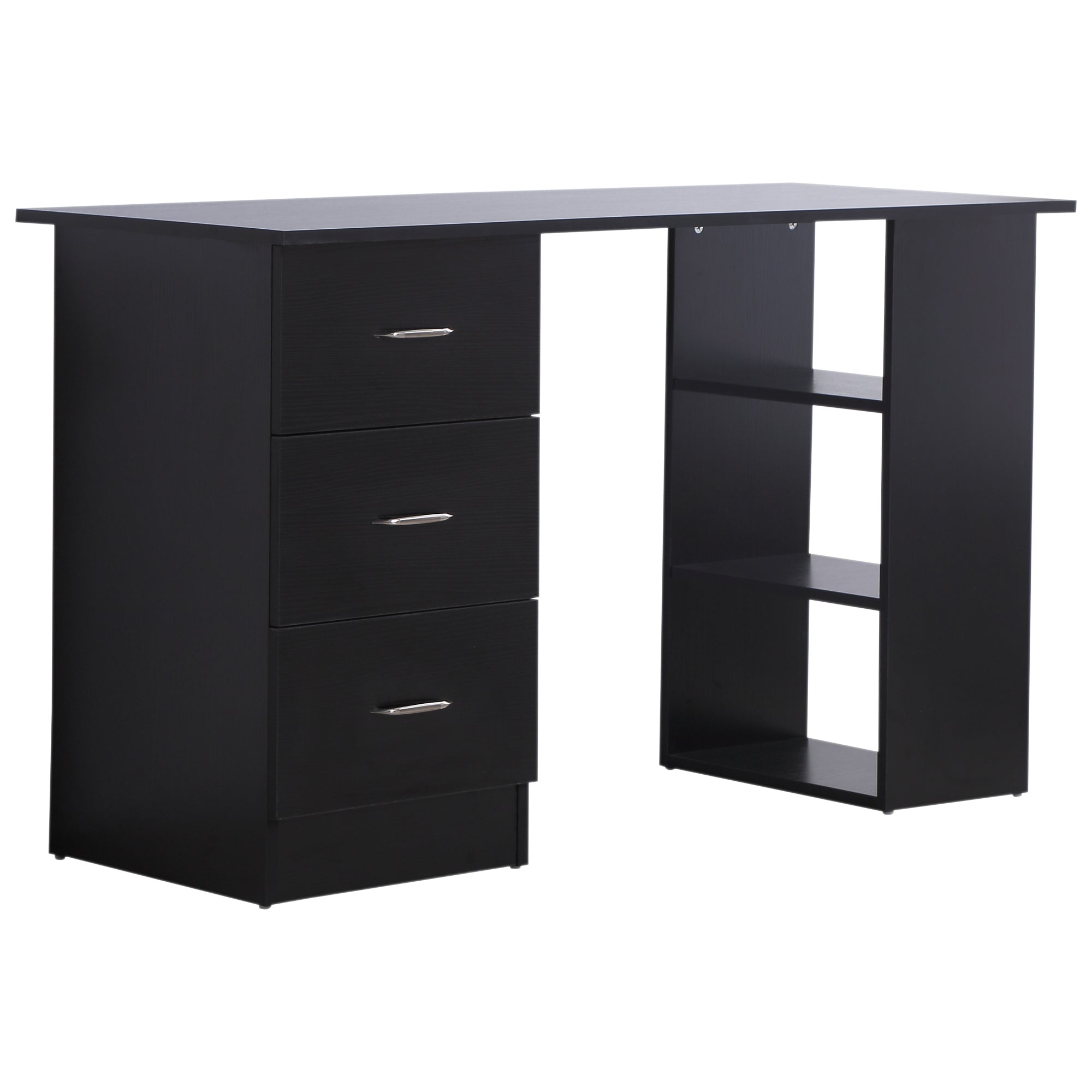 Computer Desk, Writing Table, PC Workstation with 3 Storage Shelves and Drawers, Silver Handle, for Home Office, Black
