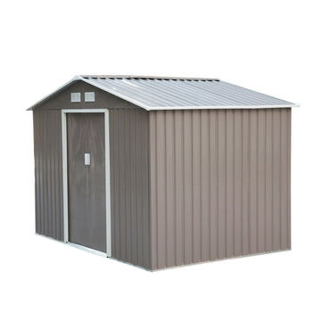 9 x 6FT Outdoor Garden Roofed Metal Storage Shed Tool Box with Foundation Ventilation & Doors Light, Grey