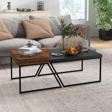 Coffee Table Set of 2, Industrial Nesting Table with Steel Frame and 8cm Thick Tabletop, Sofa Side End Table for Living Room, Rustic Brown