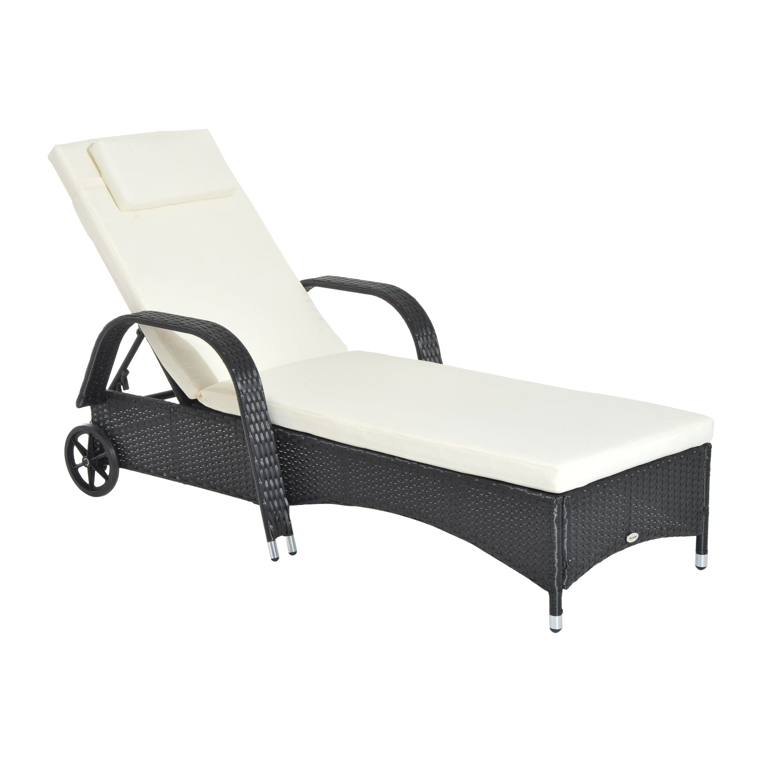 Rattan Sun Lounger, Garden Lounger Recliner with Wheels and Adjustable Backrest, Outdoor Reclining Sunbed Garden Chair with Cushion and Headrest for Patio, Beach, Terrace, Black