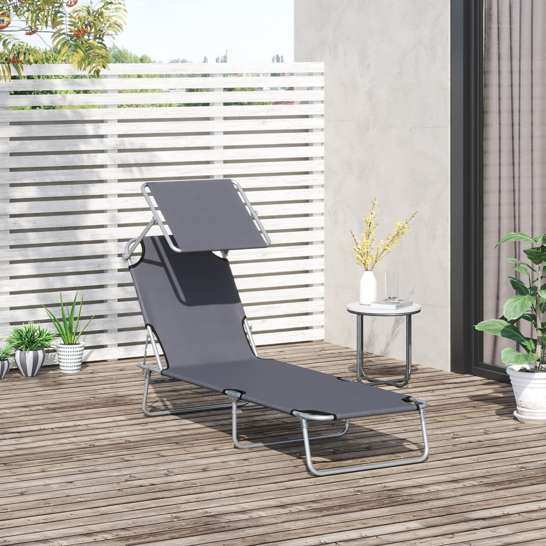 Outdoor Foldable Sun Lounger, 4 Level Adjustable Backrest Reclining Sun Lounger Chair with Angle Adjust Sun Shade Awning for Beach, Garden, Patio, Grey