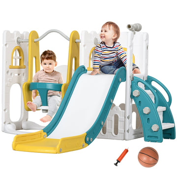 6-in-1 Swing and Slide Set, Kids Playground with Basketball Hoop, Telescope, Storage Space - Yellow