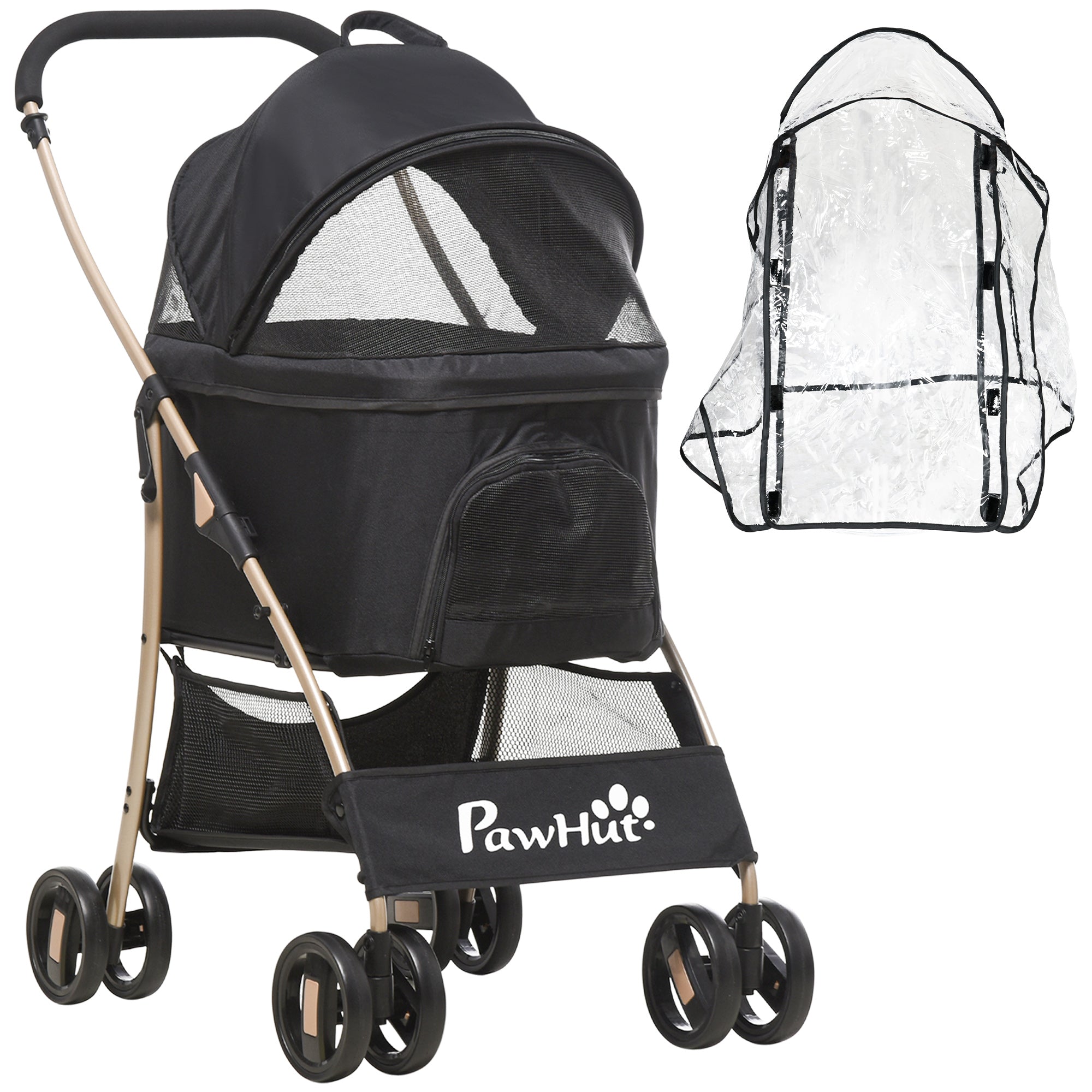 Detachable Pet Stroller with Rain Cover, 3 In 1 Cat Dog Pushchair, Foldable Carrying Bag w/ Universal Wheels, Brake, Canopy, Basket, Storage Bag for Small and Tiny Dogs - Black