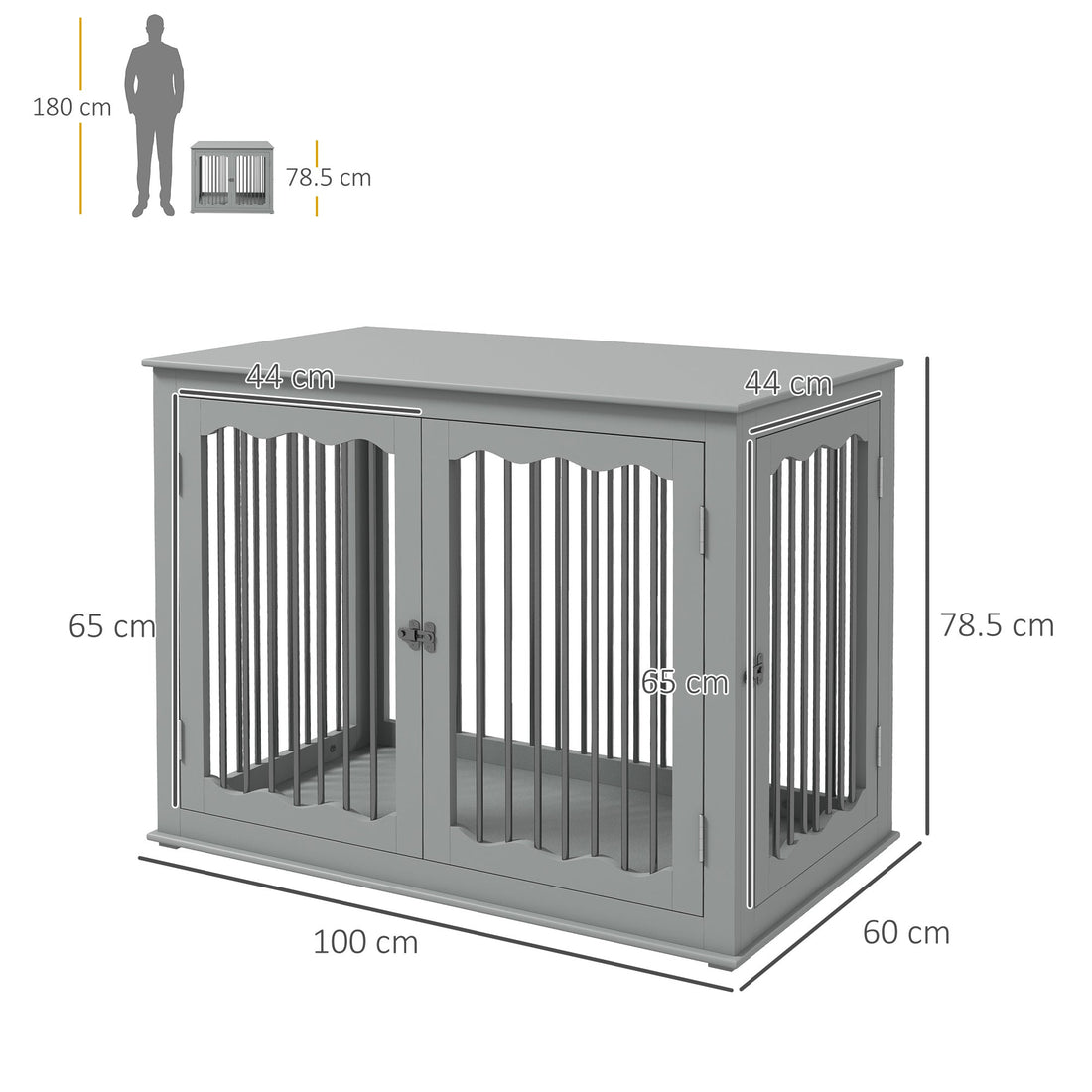 Dog Crate, End Table, with Three Doors, Locks, Latches for Large Dogs, Indoor Use - Grey