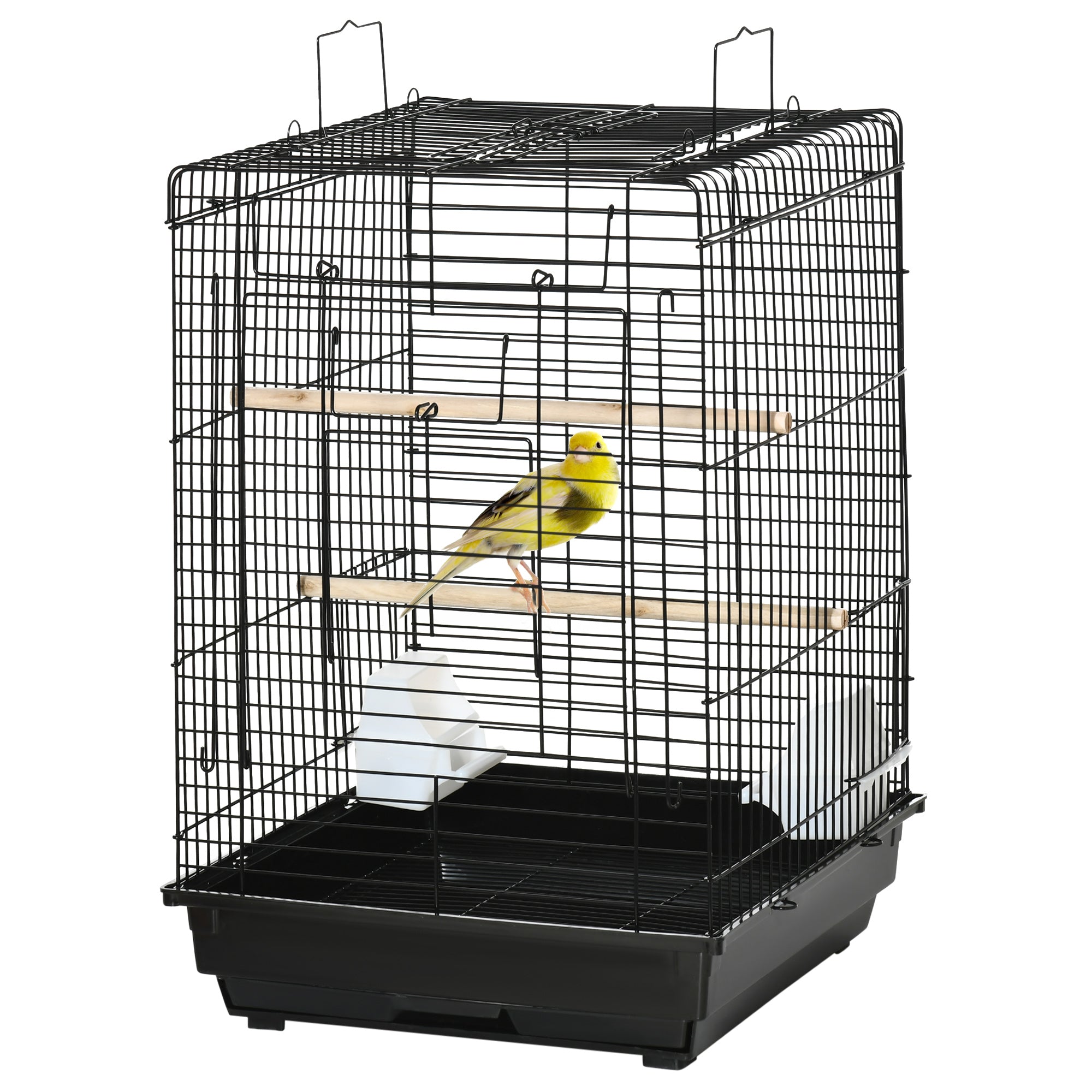 Steel Bird Cage with Openable Top, Stand, Tray, Handles, Feeding Bowls for Parakeet, Finch - Black