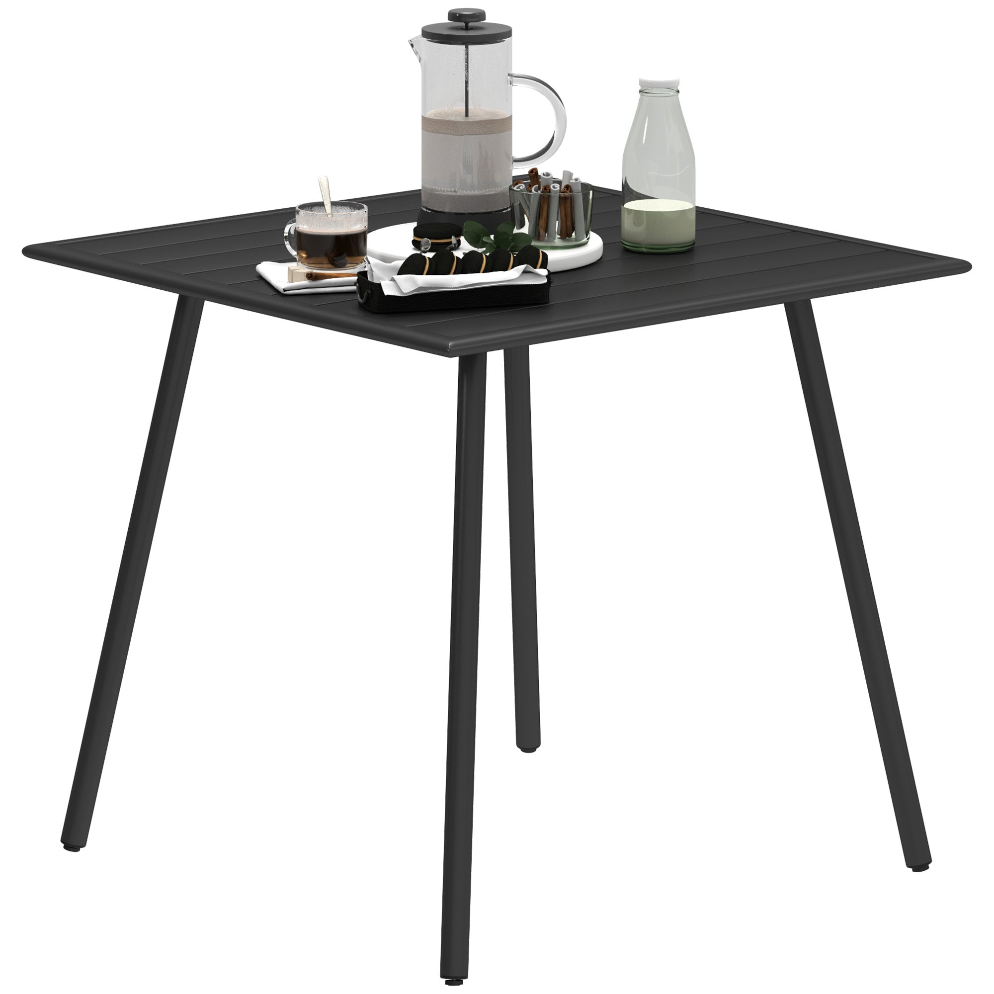 Square Garden Table with Slat Top, Steel Frame, Outdoor Table for 4 Person, 80 x 80 x 74 cm, Black