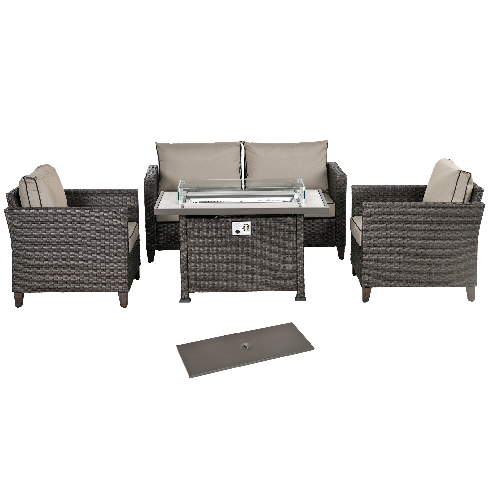 5-Piece Rattan Patio Furniture Set with Gas Fire Pit Table, Loveseat Sofa, Armchairs, Cushions, Pillows, Dark Brown