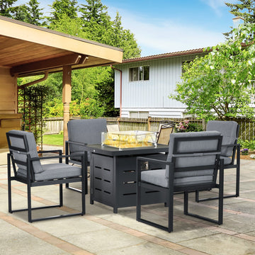 5-Piece Aluminium Garden Furniture Sets, 4 Seater Outdoor Conversational Dining Set with Gas Fire Pit Table Cushions for Yard, Poolside, Patio, Grey