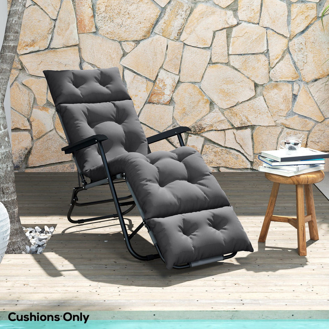 Sun Lounger Cushions Only, 190x56x10cm Garden Lounge Chair Cushions, UPF20+ 220gsm Fabric, Thick Sunbed Replacement Pads with 6 Ties, Dark Grey