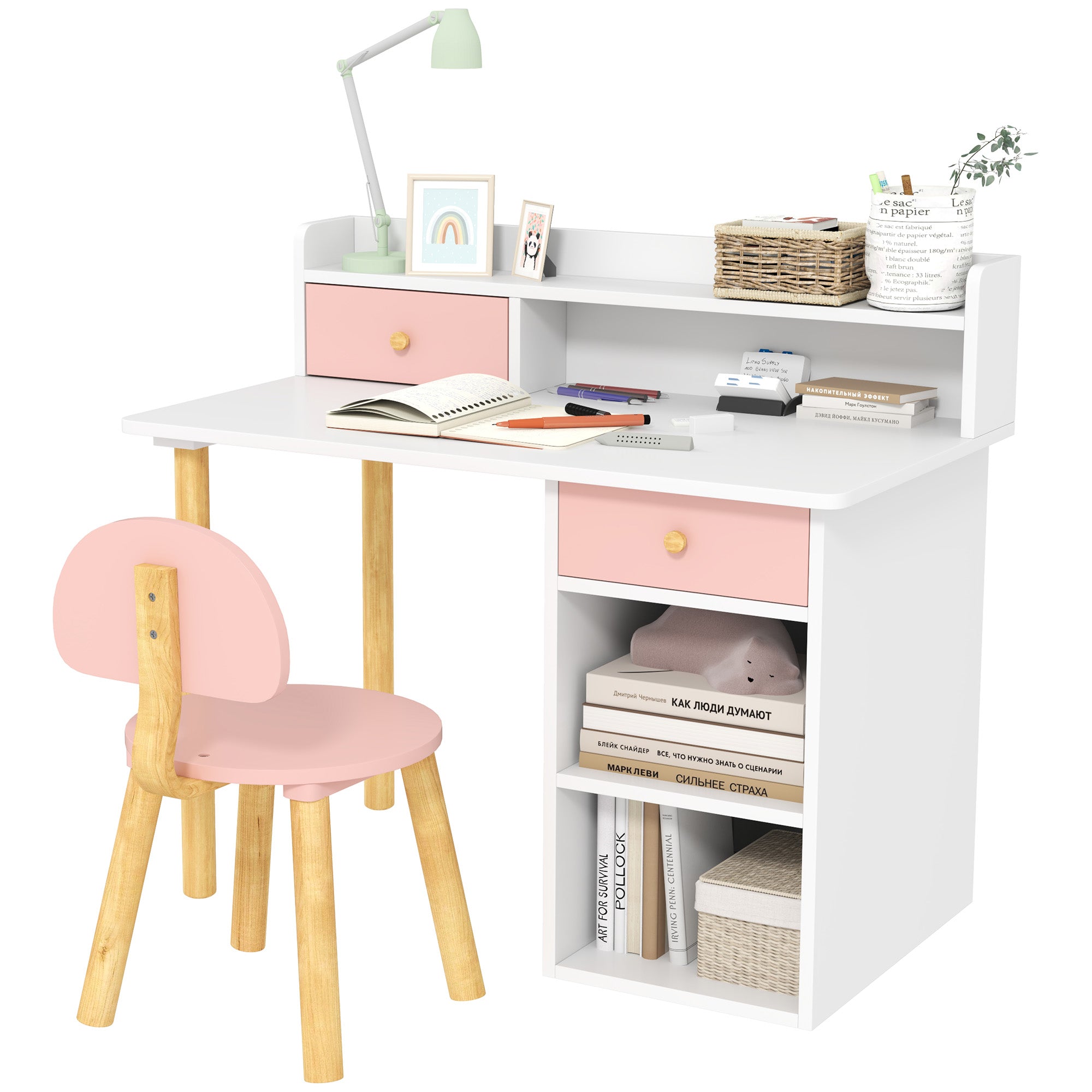 2 Pieces Children Study Table with Hutch, Kids Desk and Chair Set with Storage Drawer, Shelves - Pink