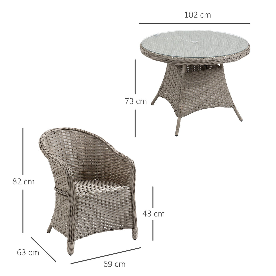 4 Seater Rattan Garden Furniture Set with Cushions, Round PE Rattan Dining Set with Glass-Top Table, Umbrella Hole, Outdoor Garden Table and Chairs, Mixed Grey
