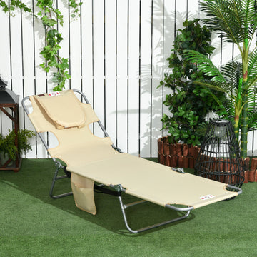 Foldable Sun Lounger, Beach Chaise Lounge with Reading Hole, Arm Slots, 5-Position Adjustable Backrest, Side Pocket, Pillow for Garden, Beach, Pool, Beige