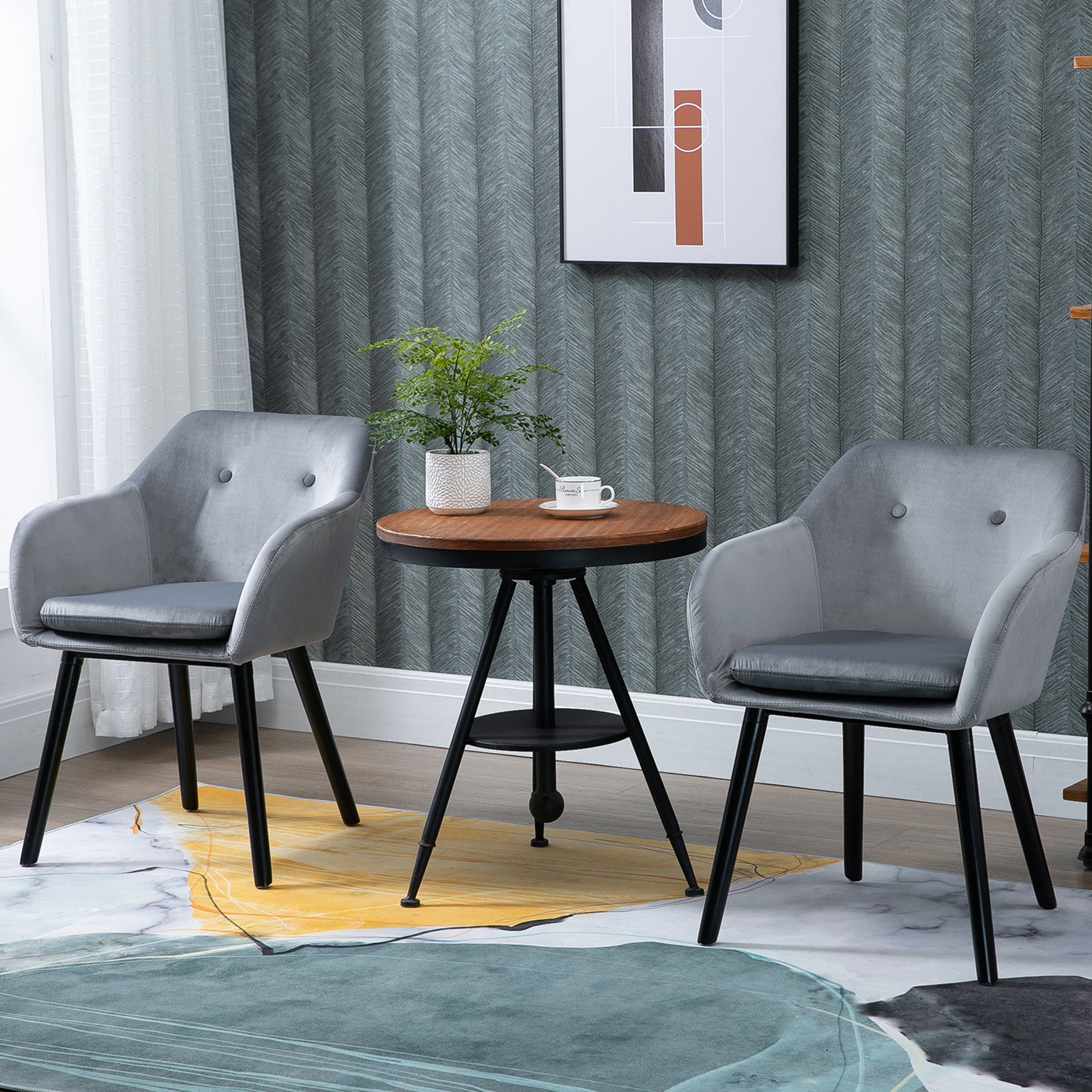 Dining Chairs Set of 2 Modern Upholstered Fabric Velvet-Touch Leisure Chairs with Backrest and Armrests, Lounge Reception Chairs for Home Office Kitchen Counter, Grey