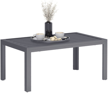 Outdoor Side Table, Rectangular Patio Coffee Side Table with Steel Frame and Slat Tabletop for Garden, Balcony, Grey