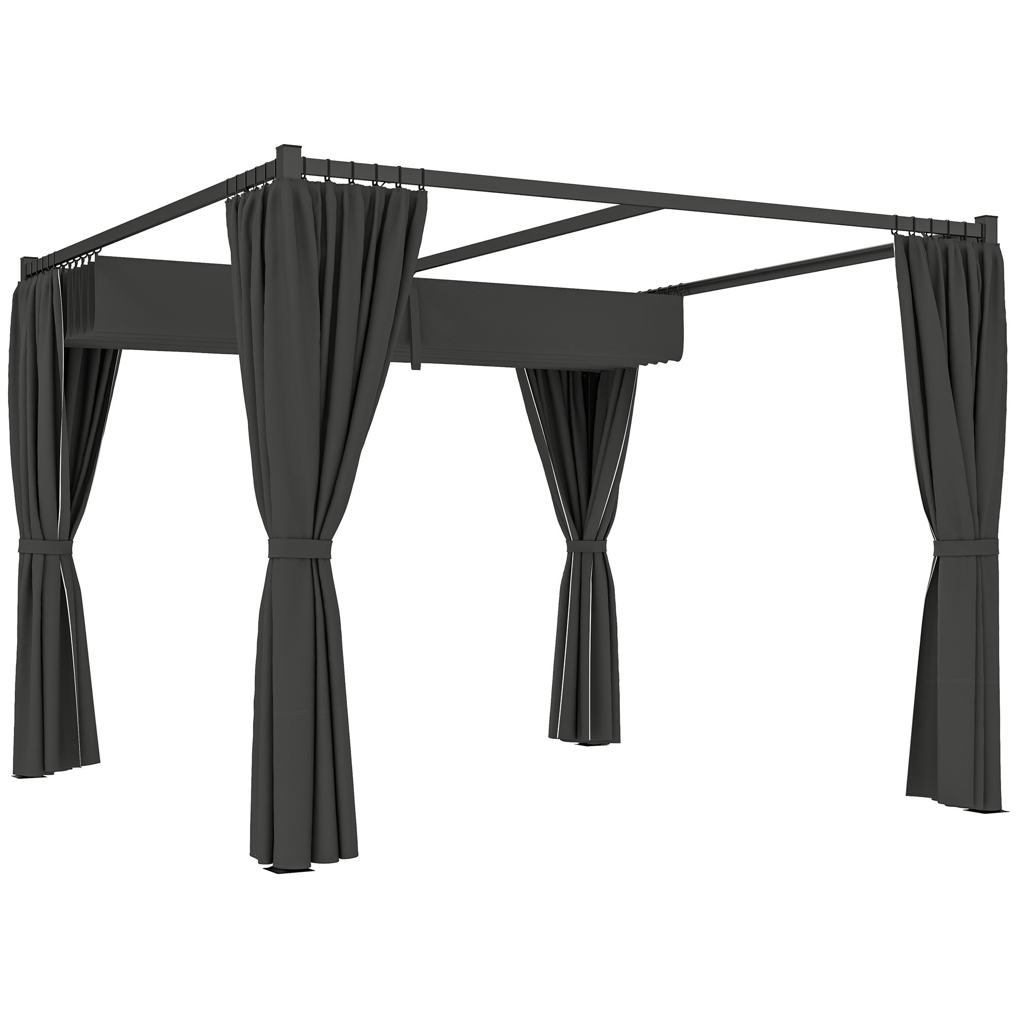 3 x 3(m) Retractable Pergola, Garden Gazebo Shelter with Curtains, for Grill, Patio, Deck, Charcoal Grey