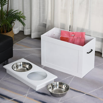 Raised Dog Bowls, with Storage, Two Stainless Steel Bowls, Elevated Base - White