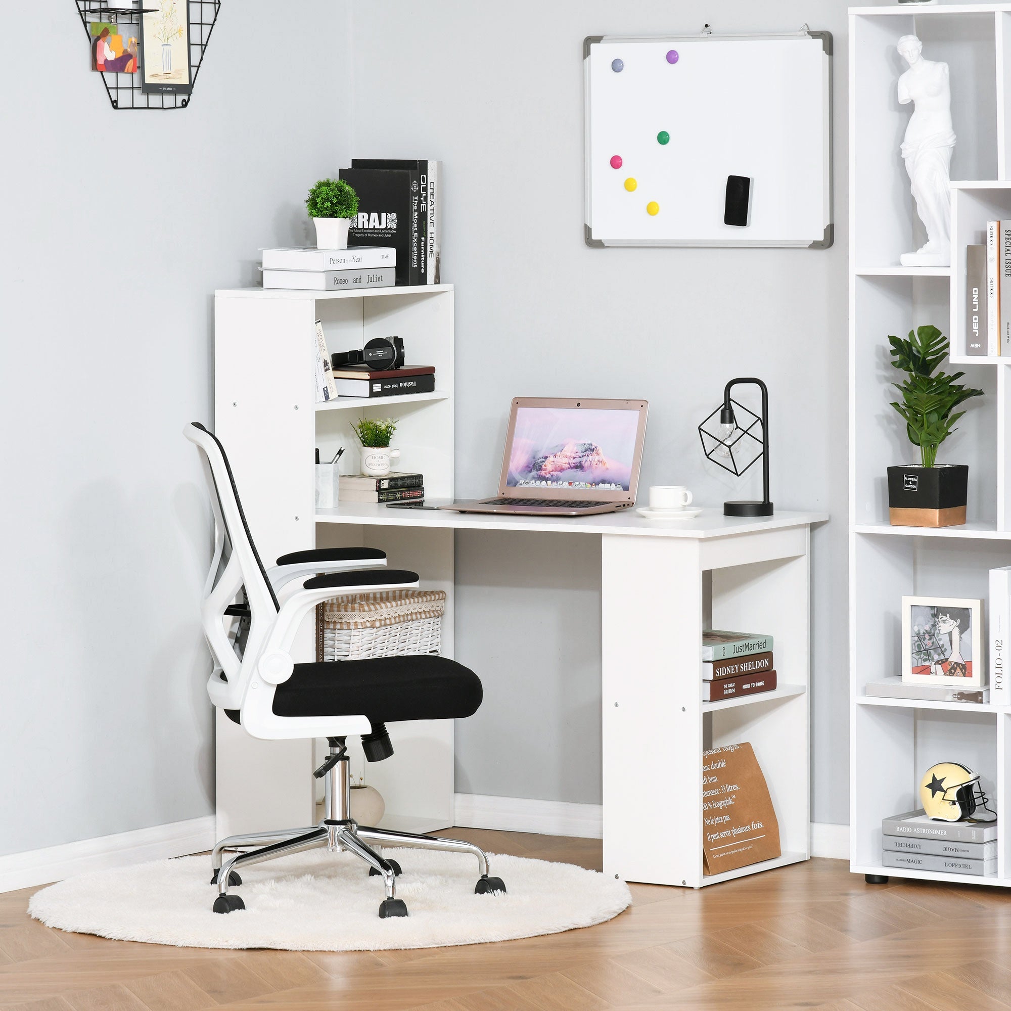 120cm Computer Desk, Wooden PC Laptop Table with 6-Tier Storage Bookshelves, Home Office Working Study Desk, Writing Workstation, White