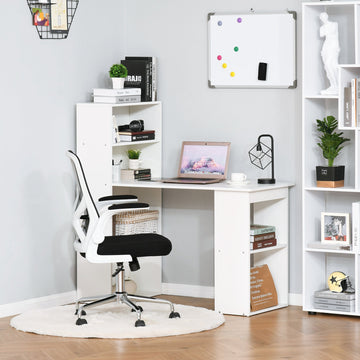 120cm Computer Desk, Wooden PC Laptop Table with 6-Tier Storage Bookshelves, Home Office Working Study Desk, Writing Workstation, White