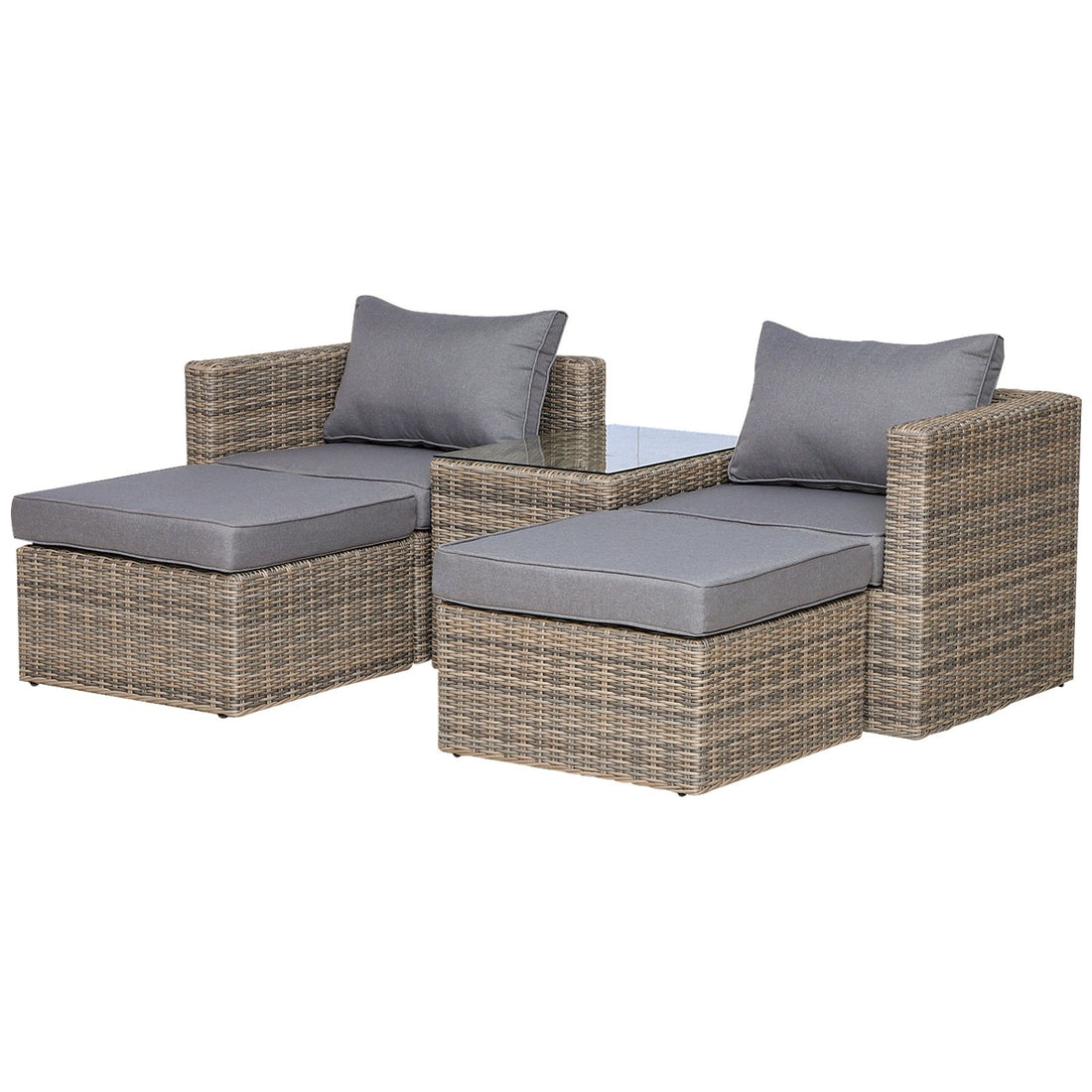 5 Piece Rattan Garden Furniture Set w/ 10cm Thick Cushions, Aluminium Frame Wicker Outdoor Balcony Sofa Set with Corner Armchairs, Ottomans, and Glass Top Table, Mixed Brown