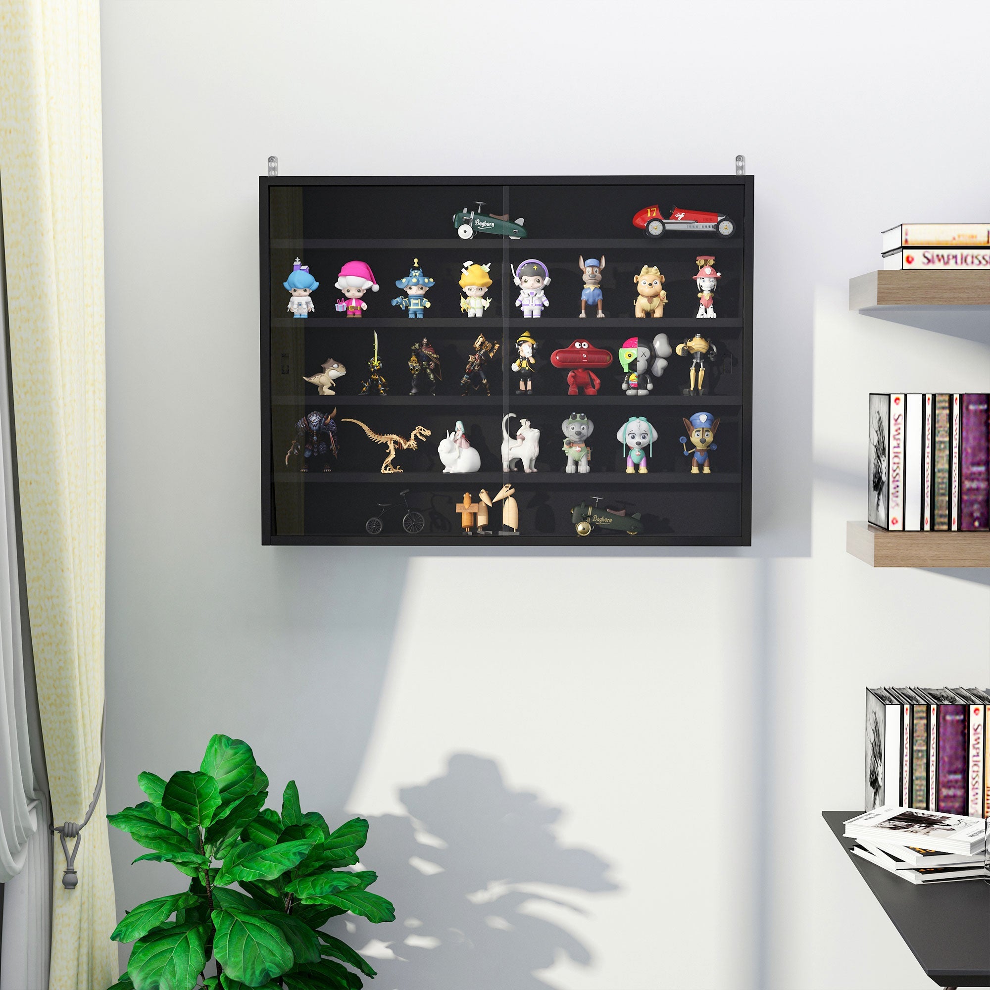 5-Tier Wall Display Shelf Unit Cabinet w/ 4 Adjustable Shelves Glass Doors Home Office Ornaments 60x80cm Black