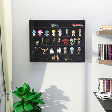 5-Tier Wall Display Shelf Unit Cabinet w/ 4 Adjustable Shelves Glass Doors Home Office Ornaments 60x80cm Black