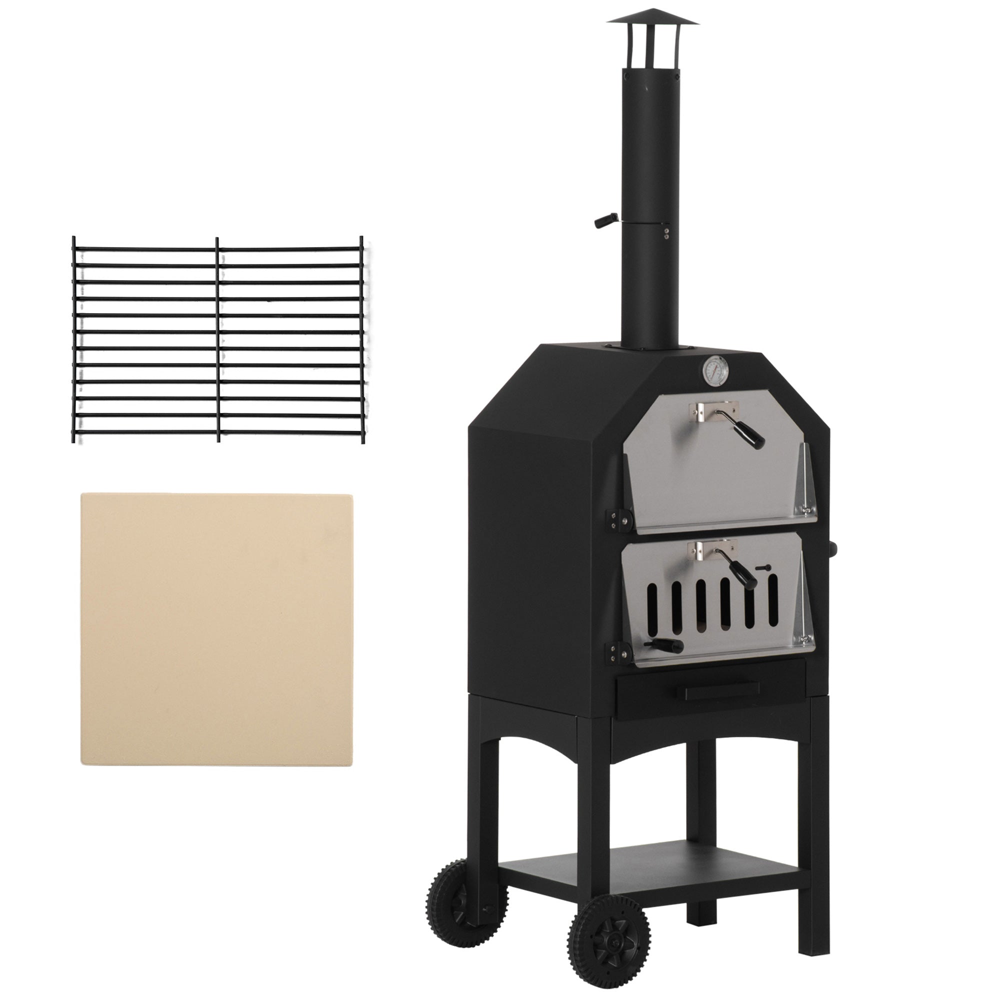 Outdoor Garden Pizza Oven Charcoal BBQ Grill 3-Tier Freestanding w/ Chimney, Mesh Shelf, Thermometer Handles, Wheels Garden Party Gathering Stainless Steel Cooker