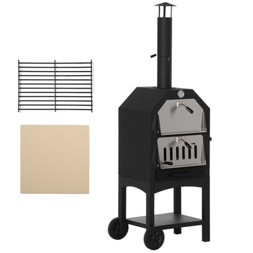 Outdoor Garden Pizza Oven Charcoal BBQ Grill 3-Tier Freestanding w/ Chimney, Mesh Shelf, Thermometer Handles, Wheels Garden Party Gathering Stainless Steel Cooker