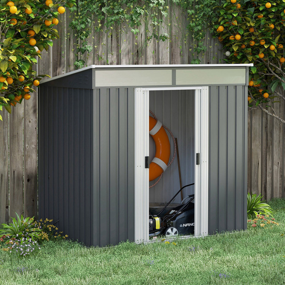 6.5 x 4FT Galvanised Metal Shed with Foundation Kit, Lockable Tool Garden Shed with Double Sliding Doors, Vents, Grey