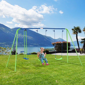 Metal Garden Swing Set Height Adjustable Children Outdoor Backyard Play Set for Toddlers Over 3 Years Old, Green